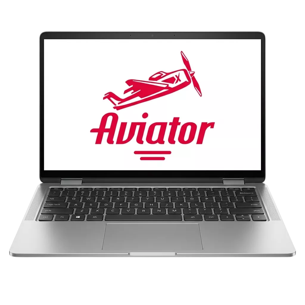 Illustration : un ordinateur portable ouvert avec le logo rouge d’Aviator sur un écran blanc
