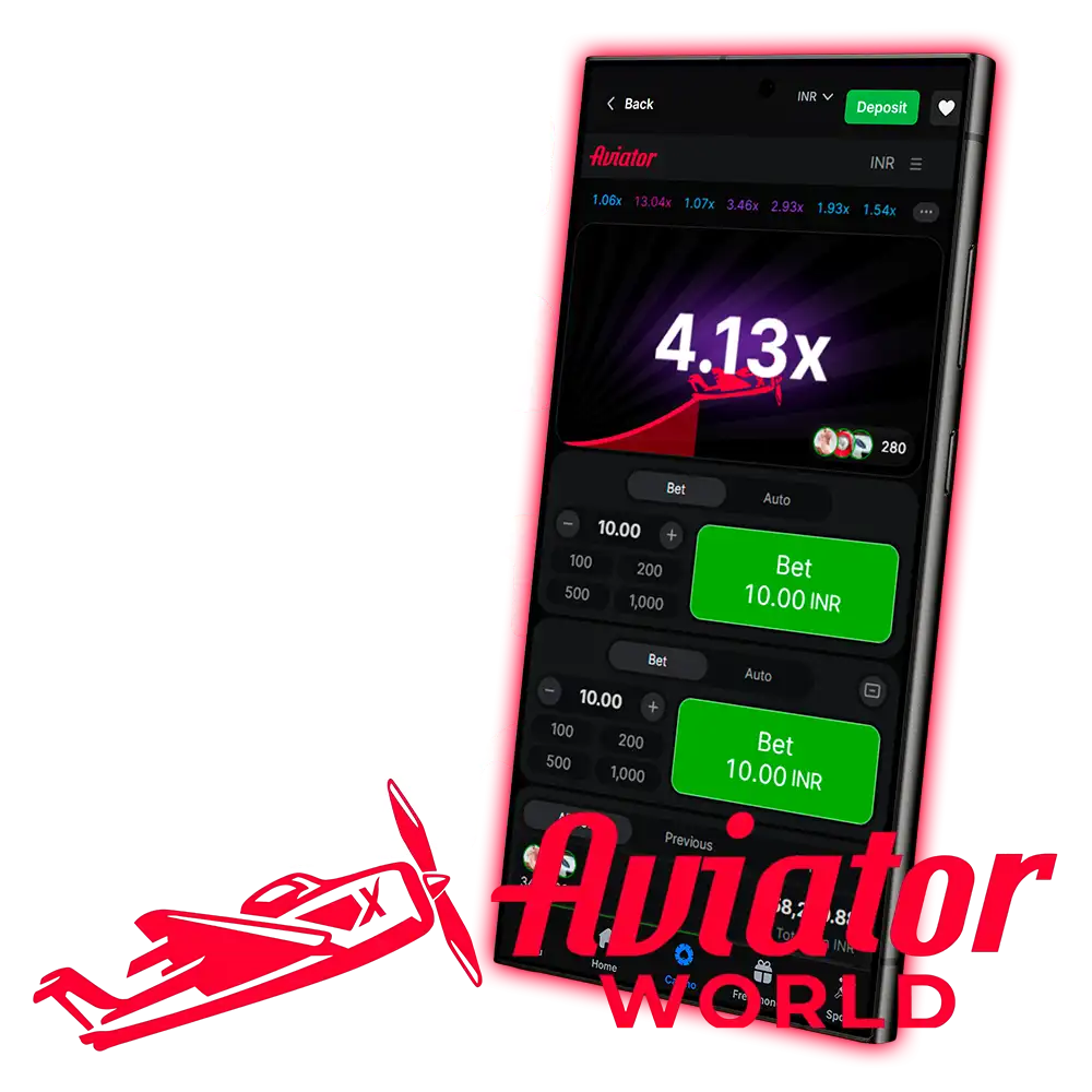 Aviator de Spribe en 4.13x en la app de 1win, con dos paneles Bet y el botón Deposit de 1win