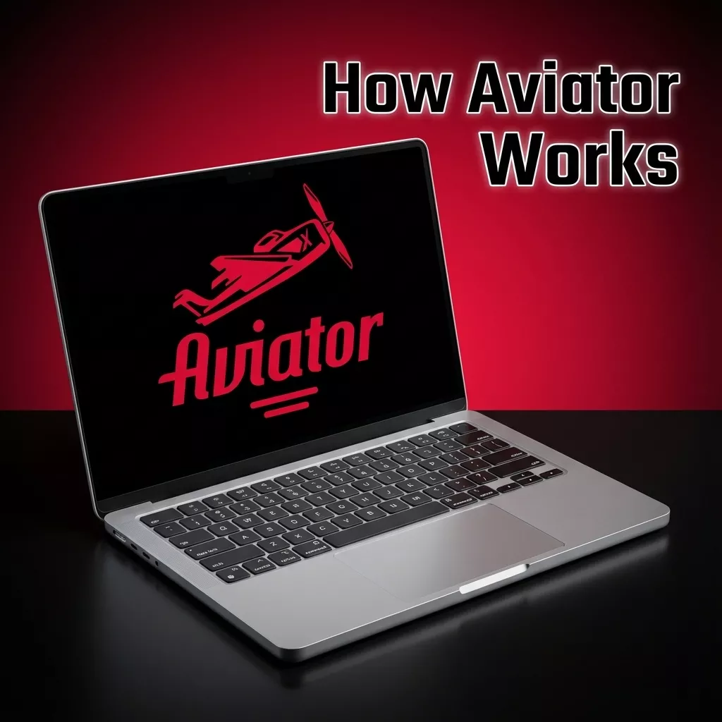 Ilustración: un portátil con el logotipo rojo de Aviator sobre una pantalla negra y el rótulo How Aviator Works