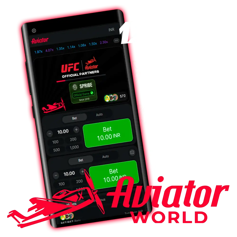 Pantalla de carga de Aviator en la app de 1xBet con la insignia Official Game, Since 2019 de Spribe y dos paneles Bet