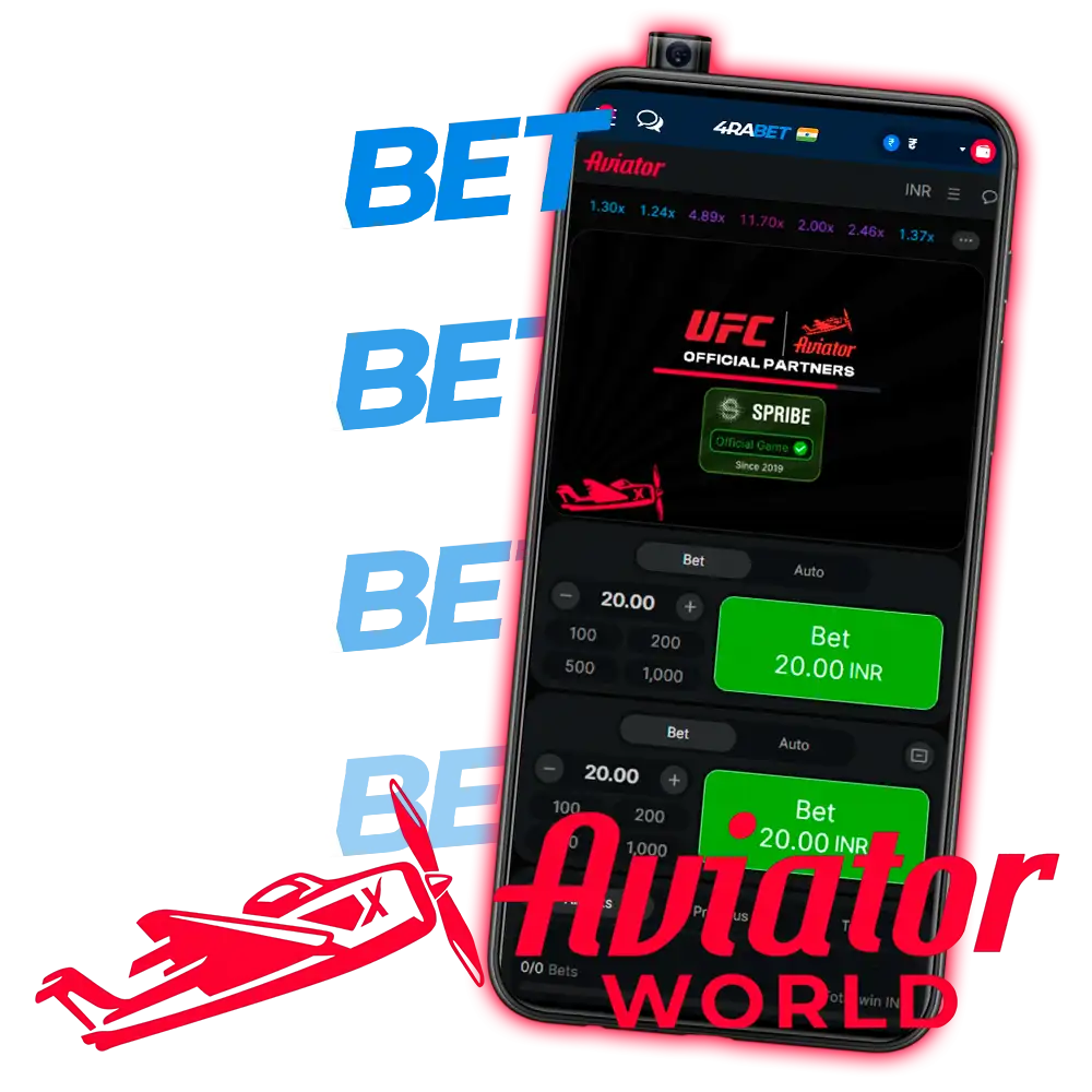 Pantalla de carga de Aviator en la app de 4rabet con la insignia Official Game, Since 2019 de Spribe y dos paneles Bet