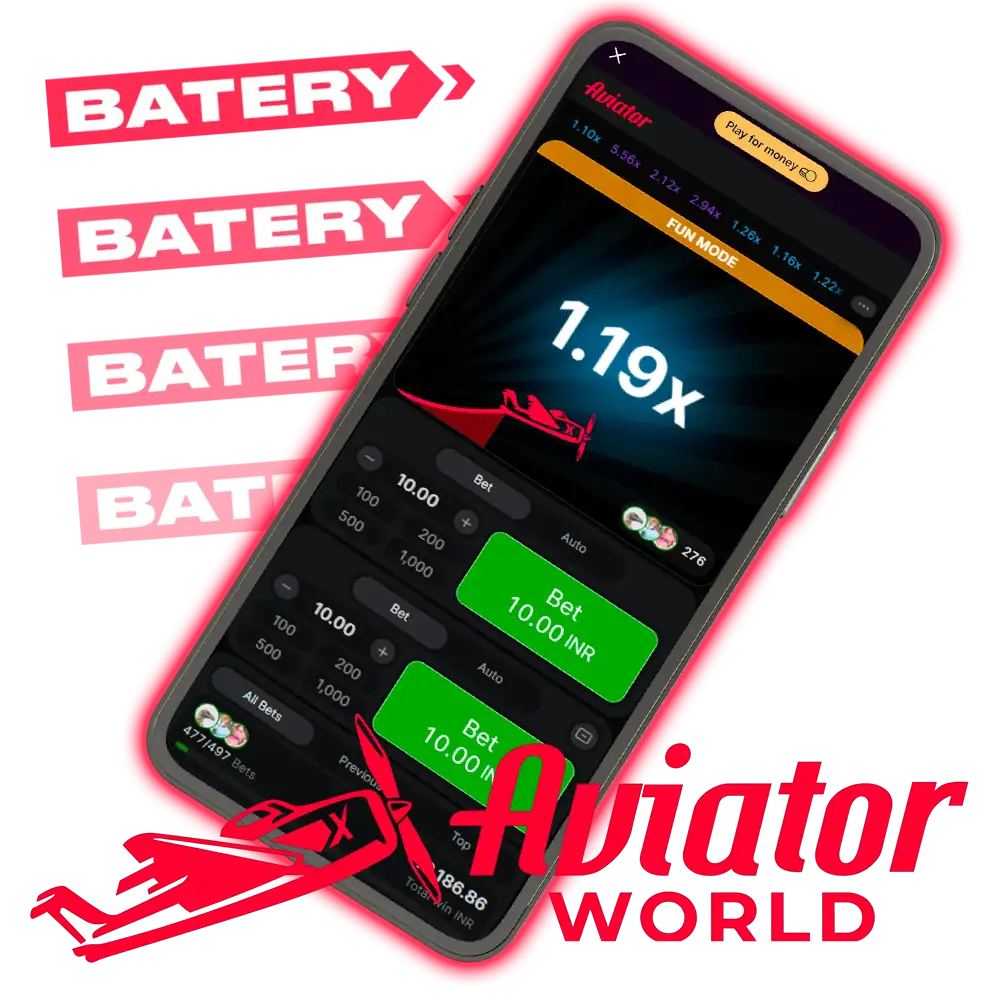 L’Aviator de Spribe en Fun Mode sur un téléphone à 1.19x, à côté du logo Batery