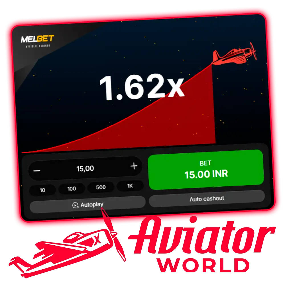 Un juego llamado Aviator en Melbet a 1.62x, con importes predefinidos de 10, 100, 500 y 1K y botones Autoplay y Auto cashout, una interfaz distinta de la de Spribe
