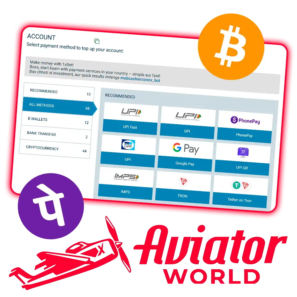 Caja de 1xBet con 68 métodos de depósito, entre ellos Google Pay, TRON y Tether on Tron, en la sección Recommended