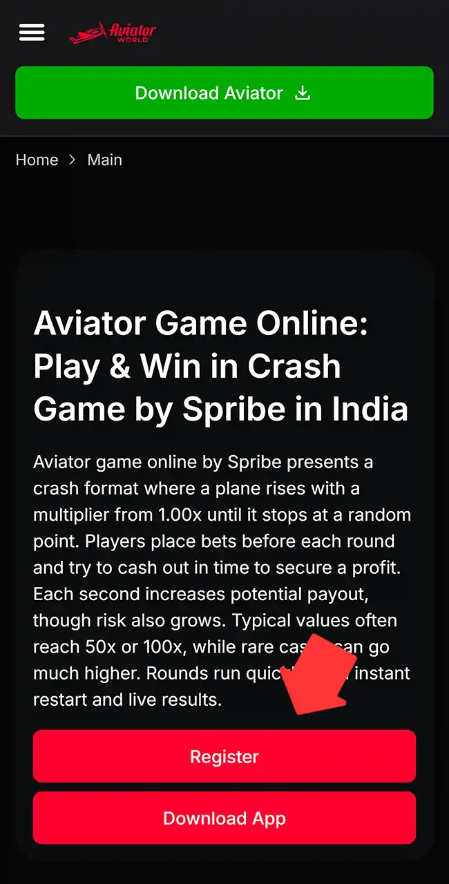 This site on a phone, with the Register button that leads to a casino