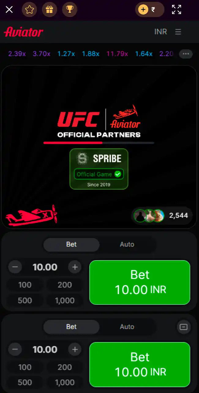 Aviator on a phone between rounds, with Spribe’s Official Game badge and two Bet panels