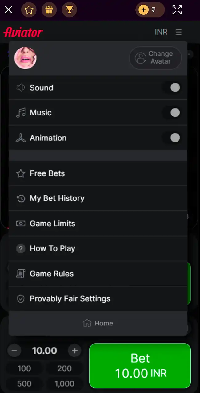 Aviator game menu on a phone with Free Bets, Game Limits, Game Rules and Provably Fair Settings