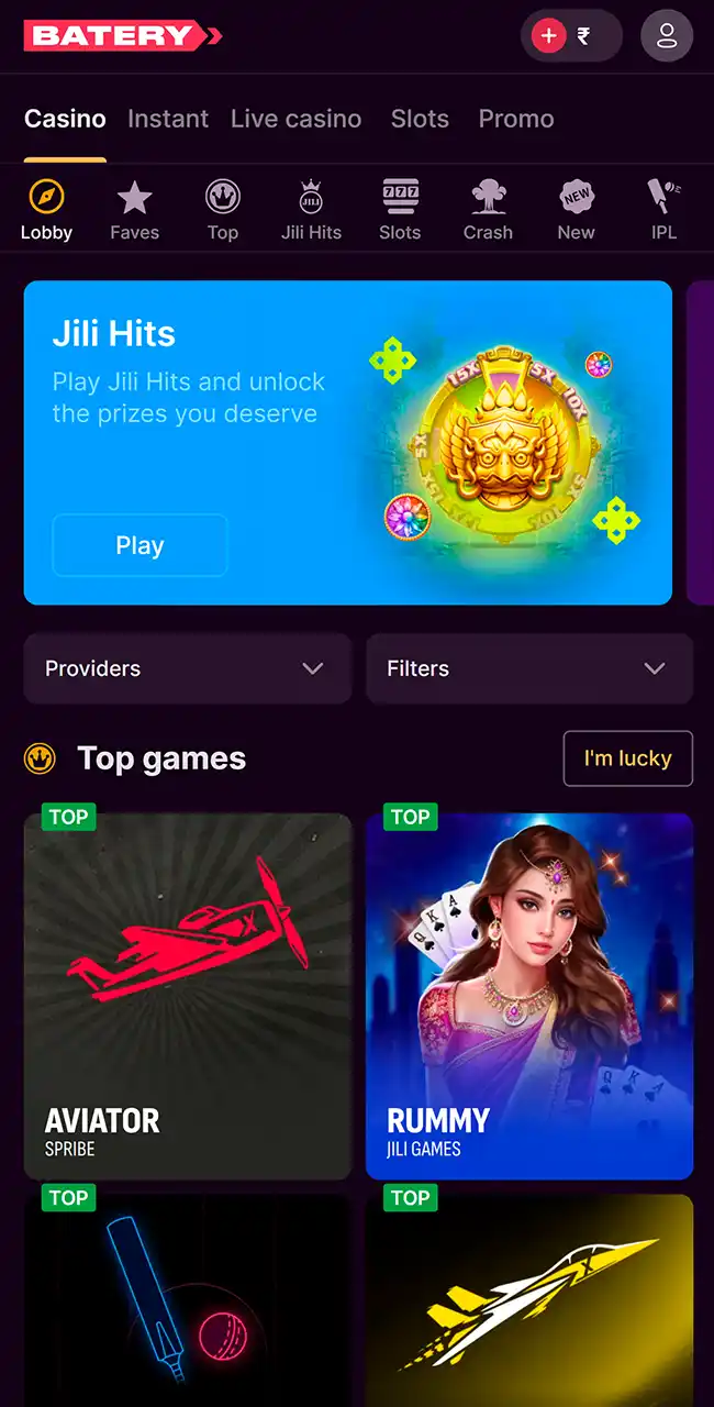 Batery casino lobby on a phone with Spribe’s Aviator among the top games