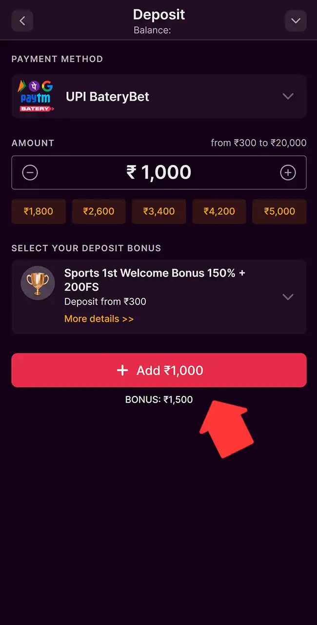 Batery deposit page on a phone with UPI selected and ₹1,000 entered