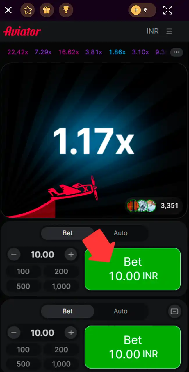 Aviator on a phone during a round at 1.17x, with the Bet button highlighted
