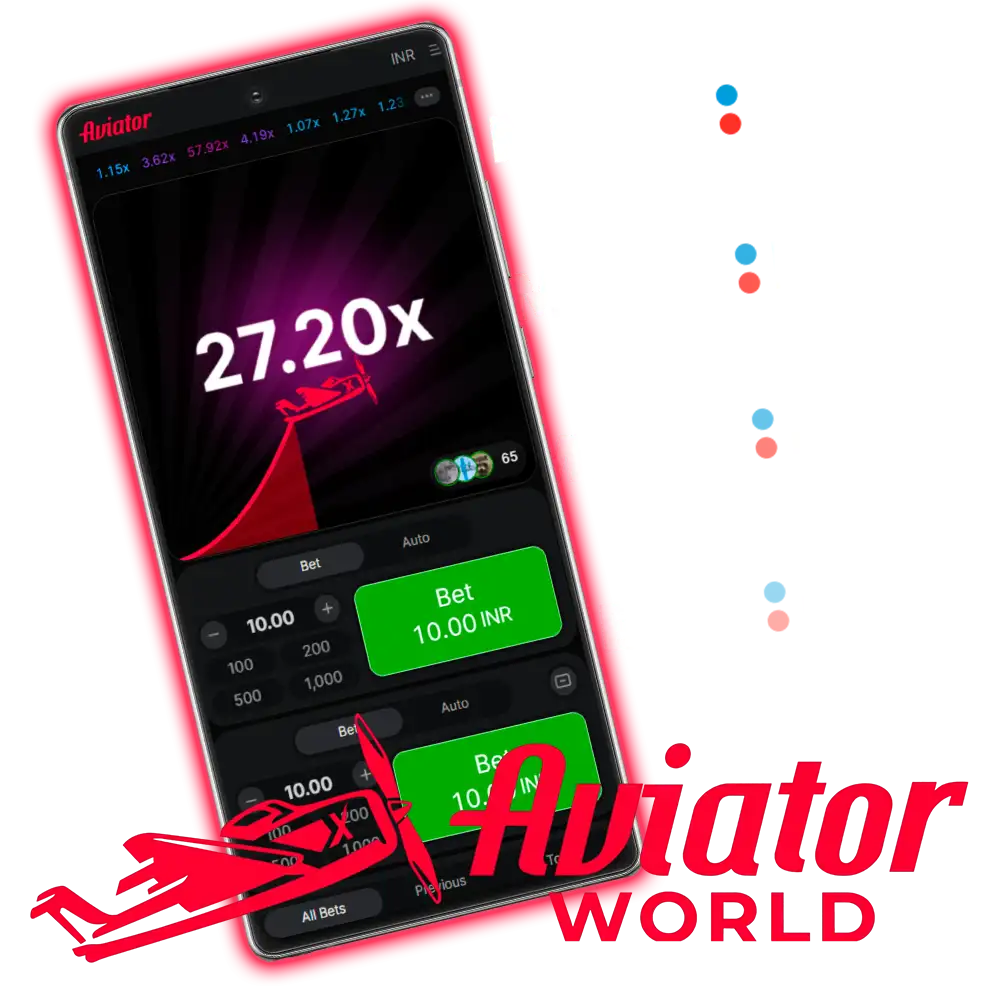 Aviator de Spribe en un móvil Android a 27.20x, con dos paneles Bet y el logo de Aviator World