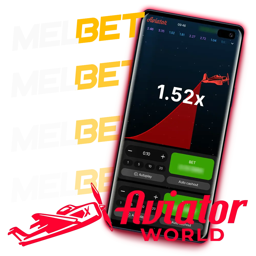 Un juego llamado Aviator en un móvil a 1.52x, con los botones Autoplay y Auto cashout, junto al logo de Melbet