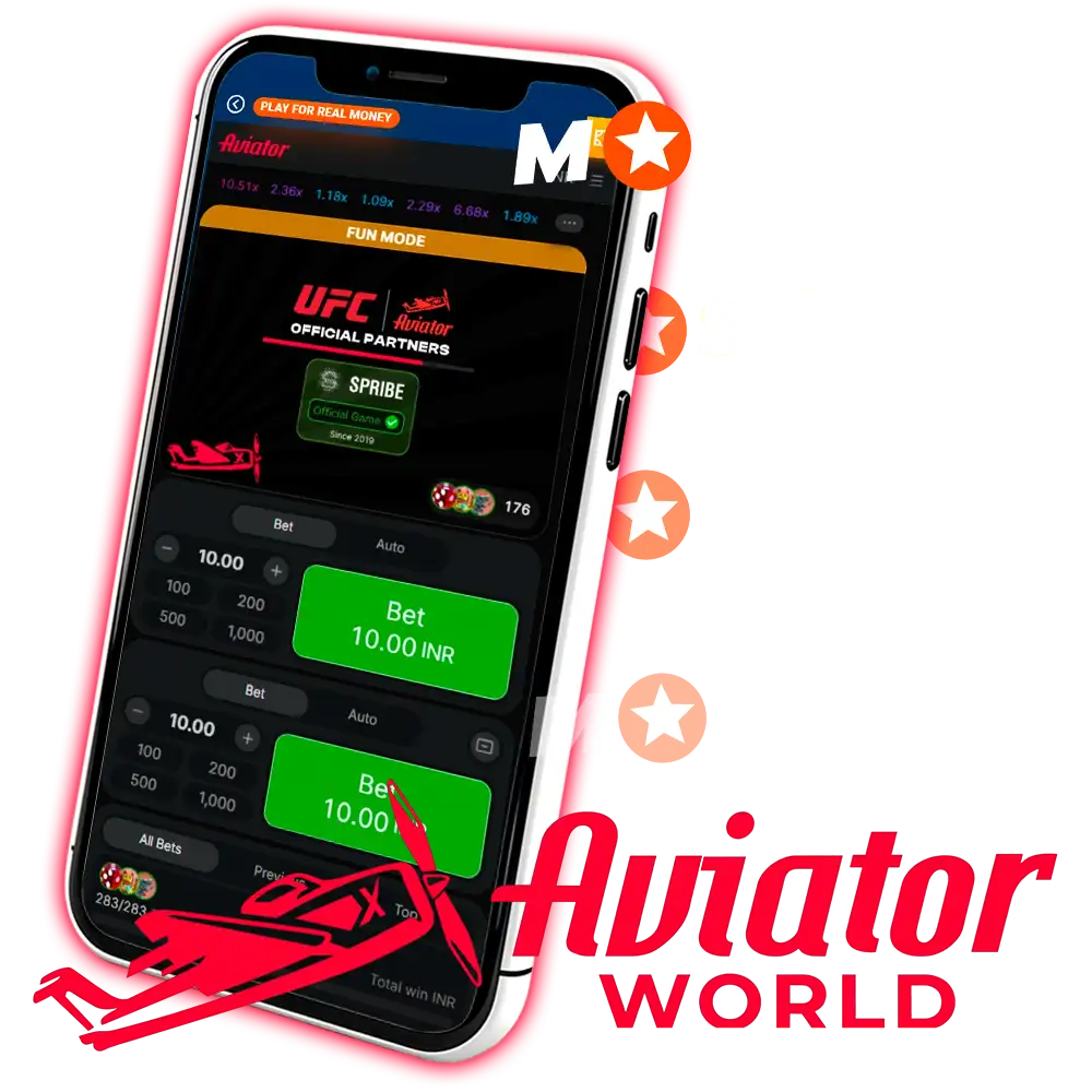 Aviator de Spribe en Fun Mode en un móvil, con el distintivo Official Game, el botón Play for real money y el logo de Mostbet