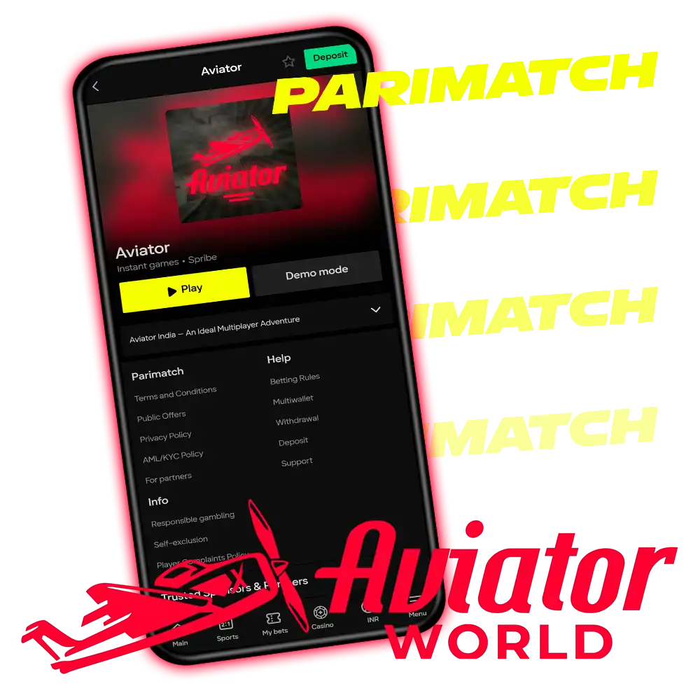 Página de Aviator de Spribe en la app de Parimatch en un teléfono, con los botones Play y Demo mode, junto al logotipo de Parimatch