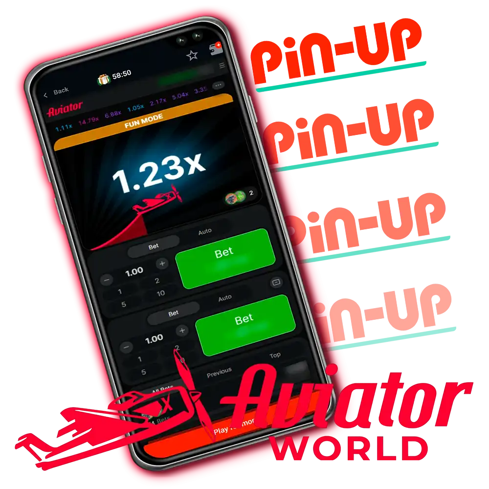 Aviator en Fun Mode a 1.23x en un teléfono en la app de Pin-Up, junto al logotipo de Pin-Up