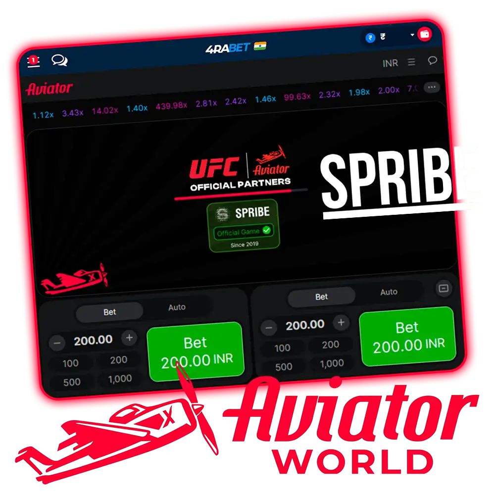 Aviator de Spribe chez 4rabet avec les badges UFC Official Partners et SPRIBE Official Game Since 2019, à côté du logo Aviator World