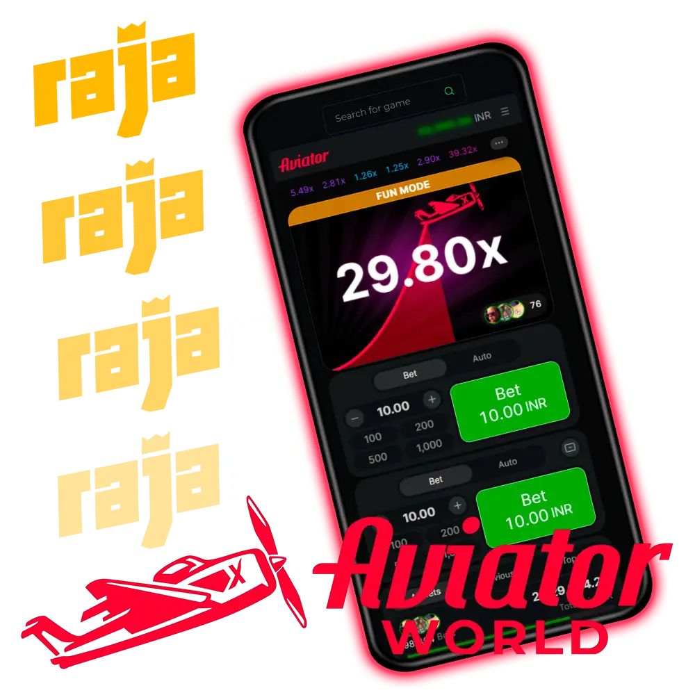 Aviator en Fun Mode a 29.80x en un teléfono, junto al logotipo de Rajabets