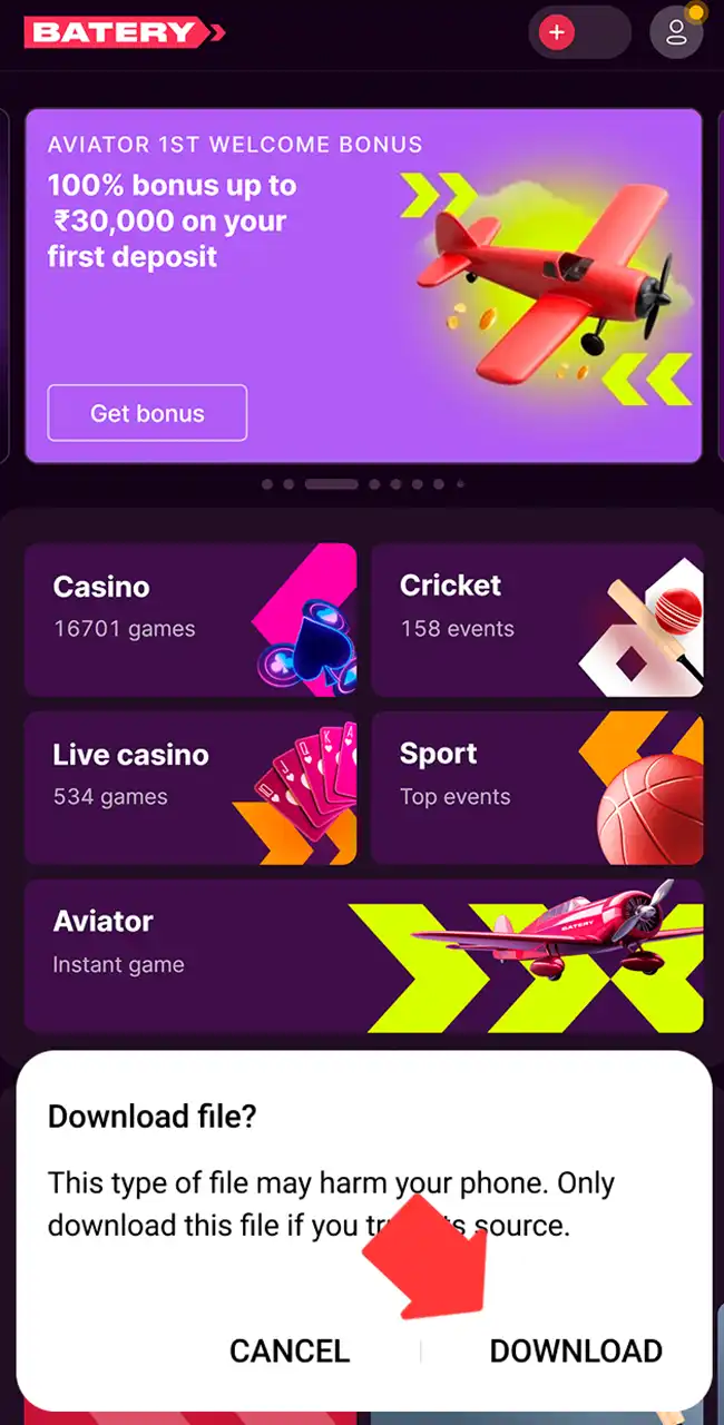 Download the Aviator APK from Batery.