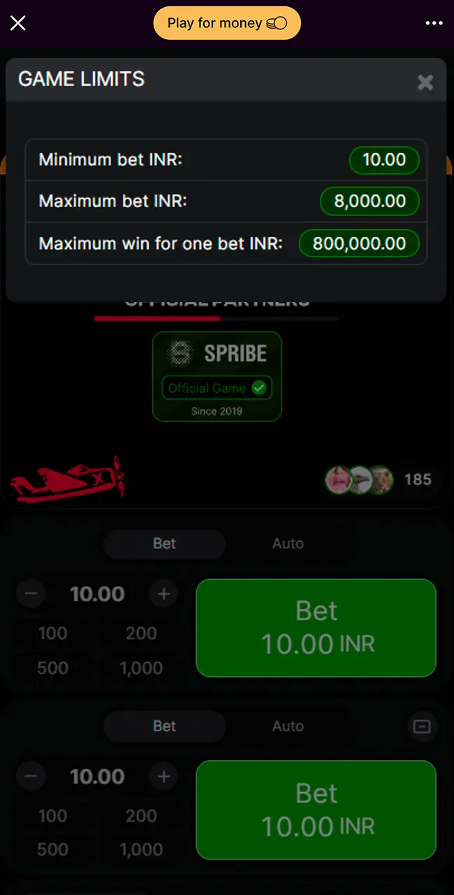 Check Aviator betting limits on Batery.