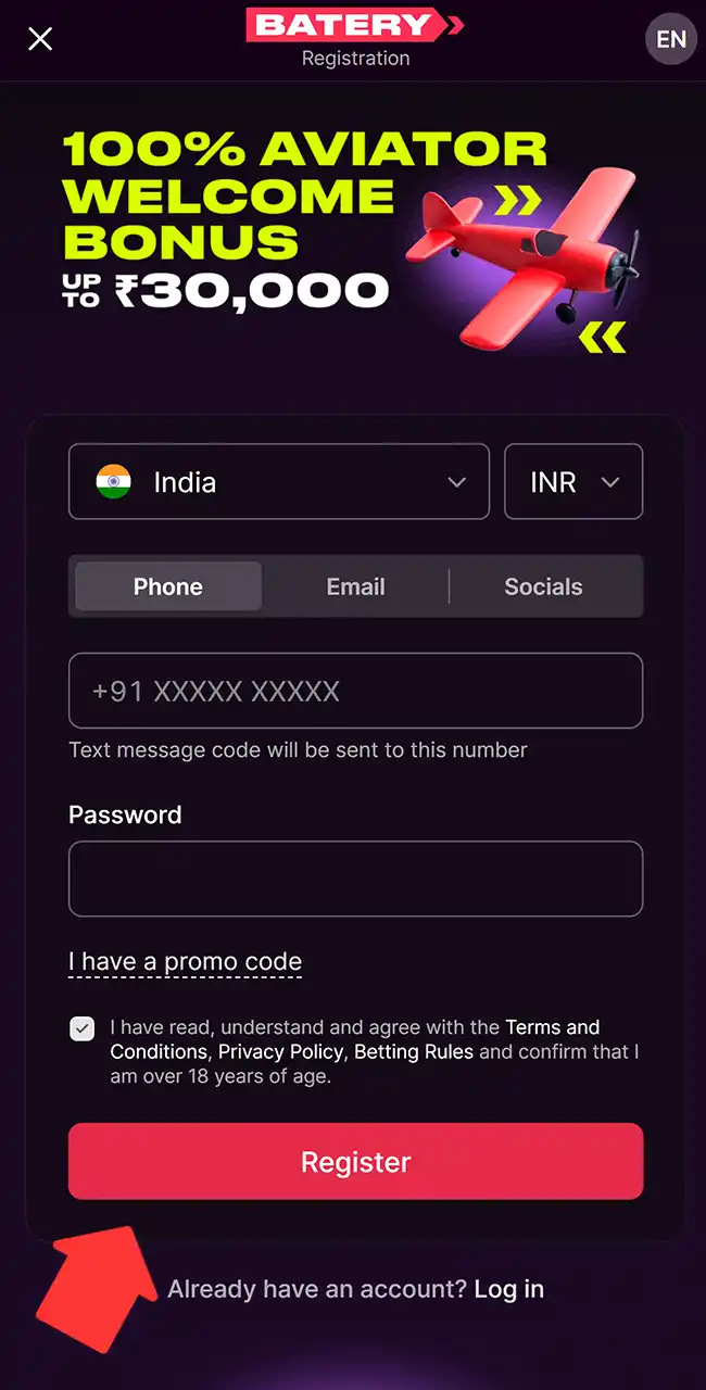 Register or log in on Batery.
