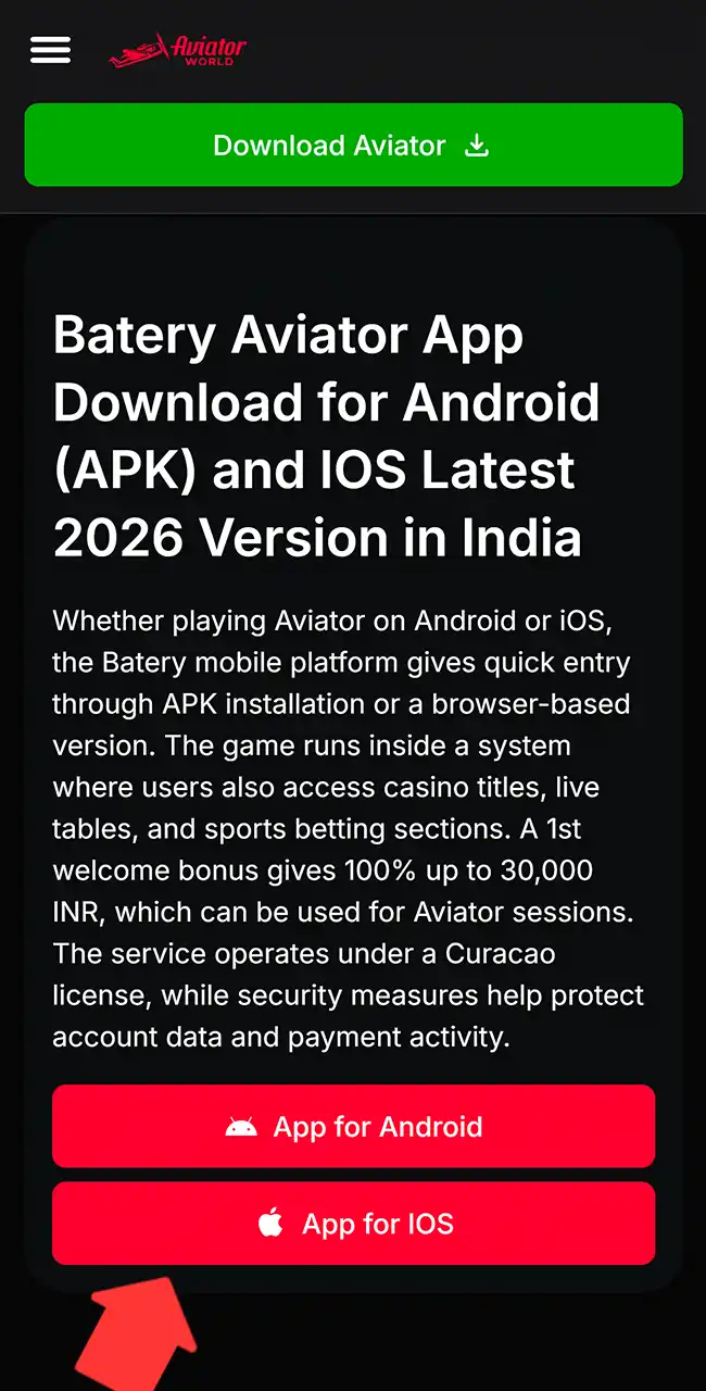 Open the Batery site on iOS.