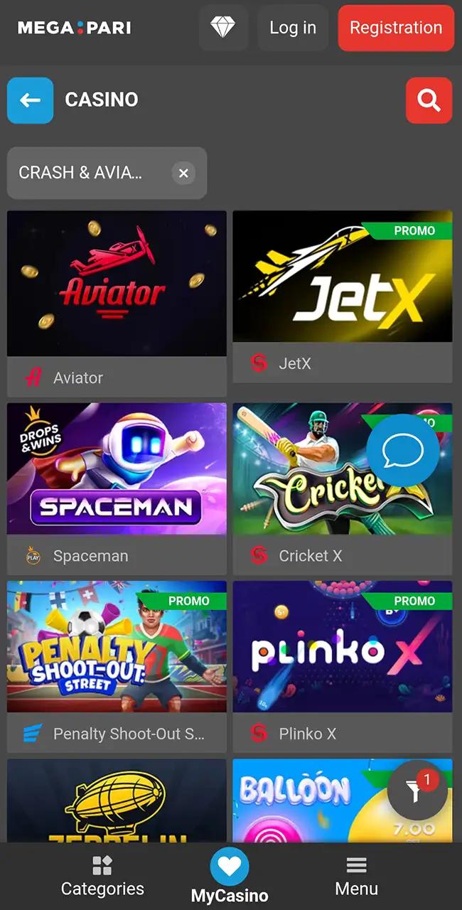 Browse the Megapari crash games lobby.