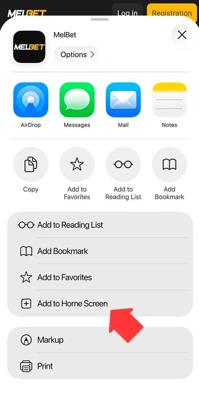 Pin the Melbet shortcut for iOS.