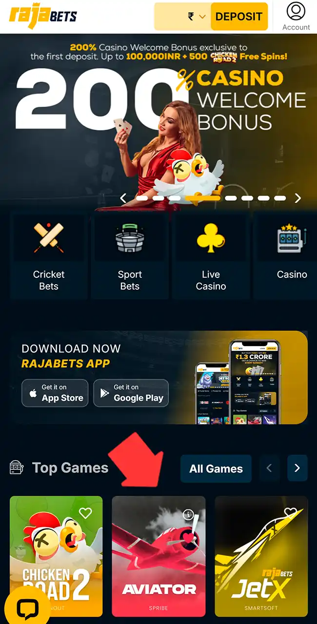 Launch Rajabets app and play Aviator.