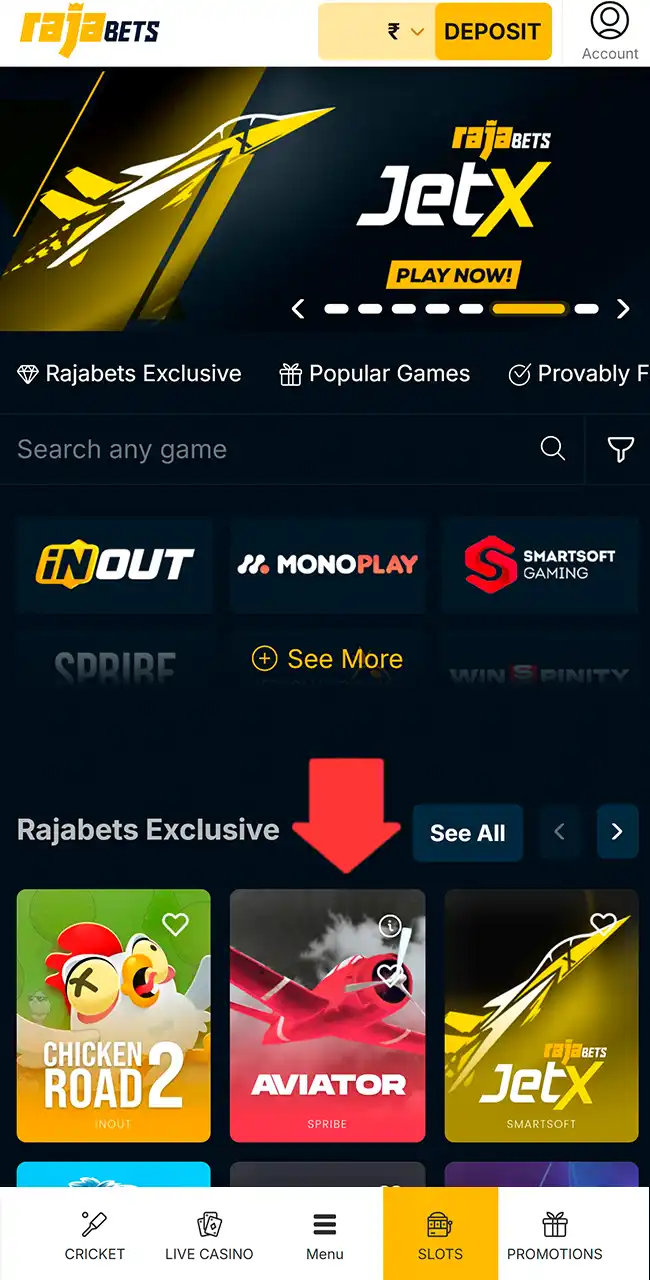 Launch Aviator in the Rajabets casino.