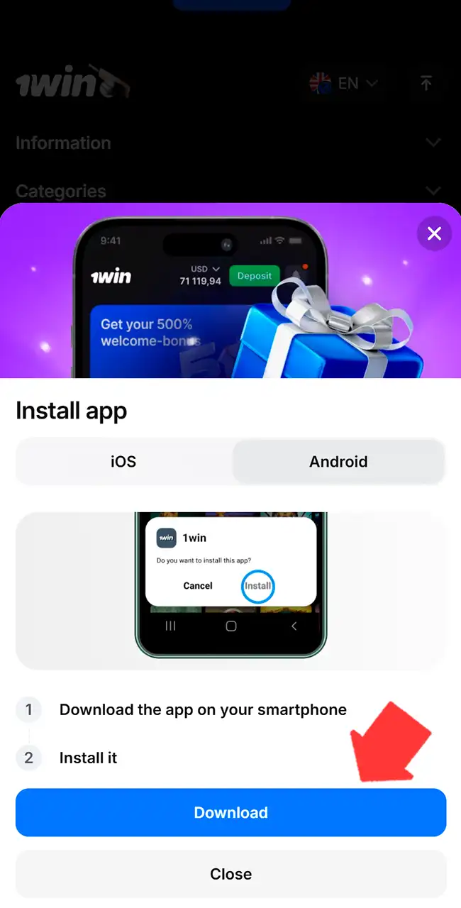 Locate the 1win Aviator APK file.