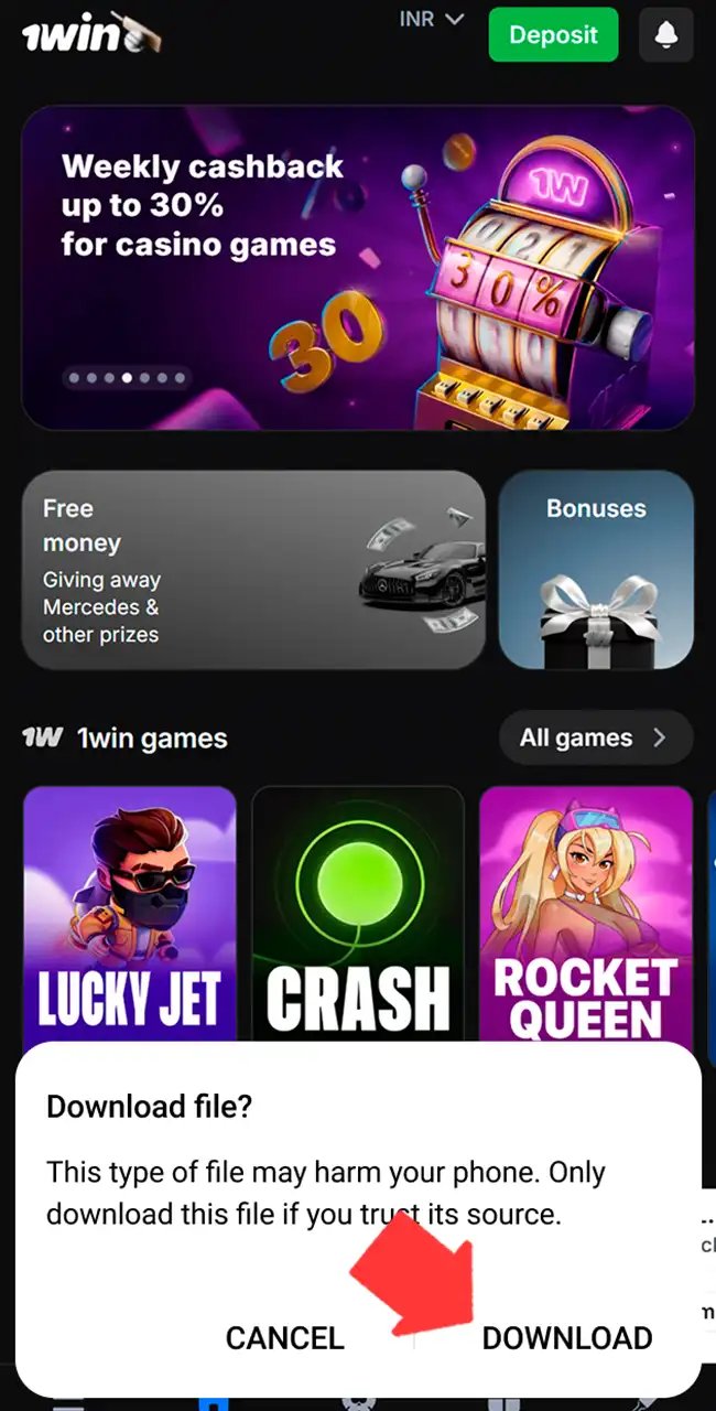 Begin the 1win app download process.