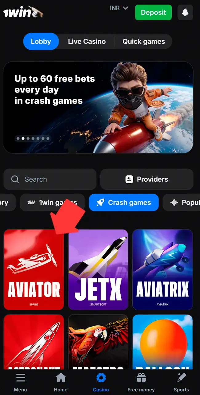 Locate Aviator in the 1win lobby.