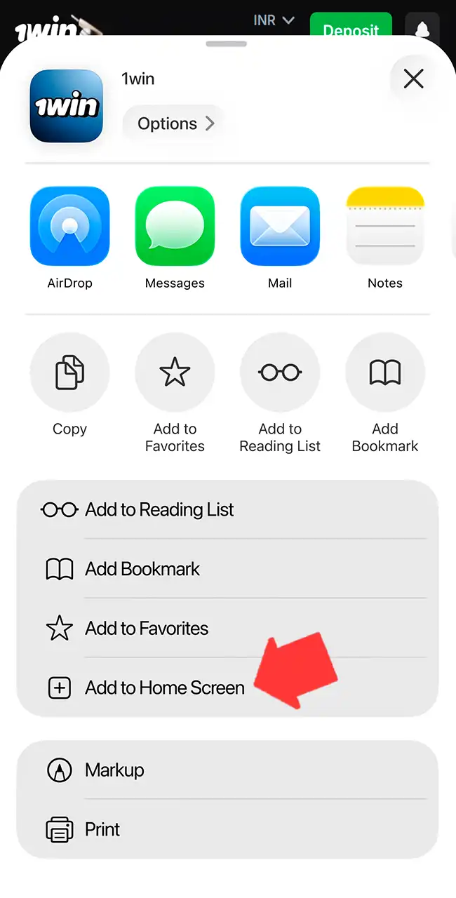 Pin the 1win app to home screen.