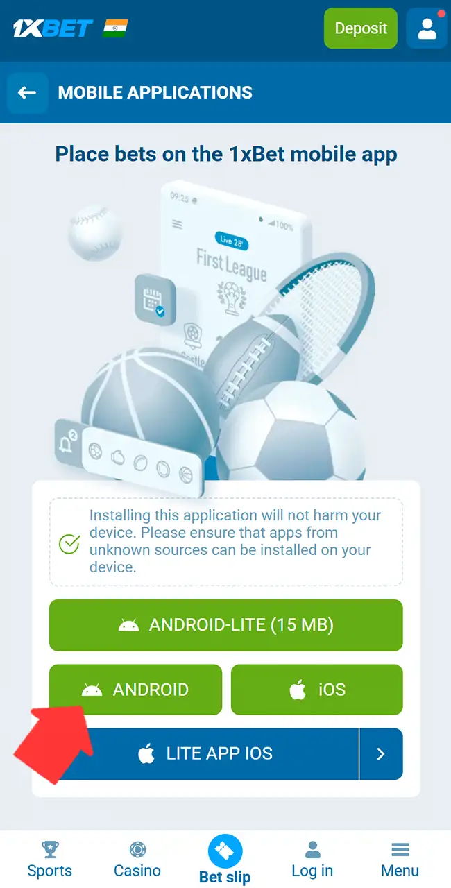Download the secure 1xbet APK installer file.