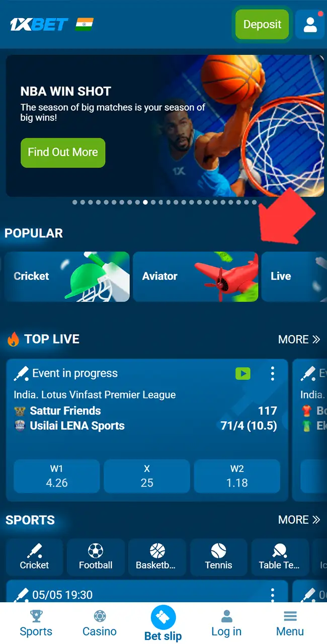 Search for the Aviator title in the 1xbet casino lobby.
