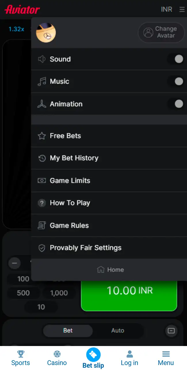 Personalize your 1xbet Aviator audio and interface options.