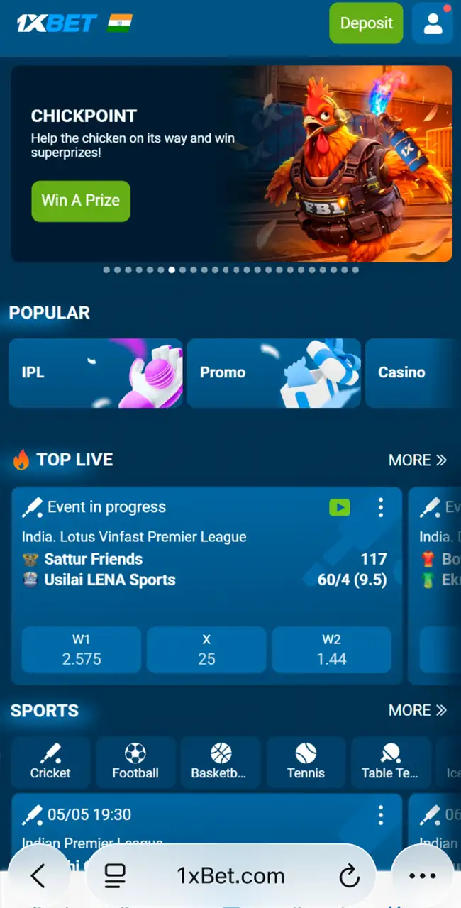 Launch your browser to access the 1xbet mobile portal.