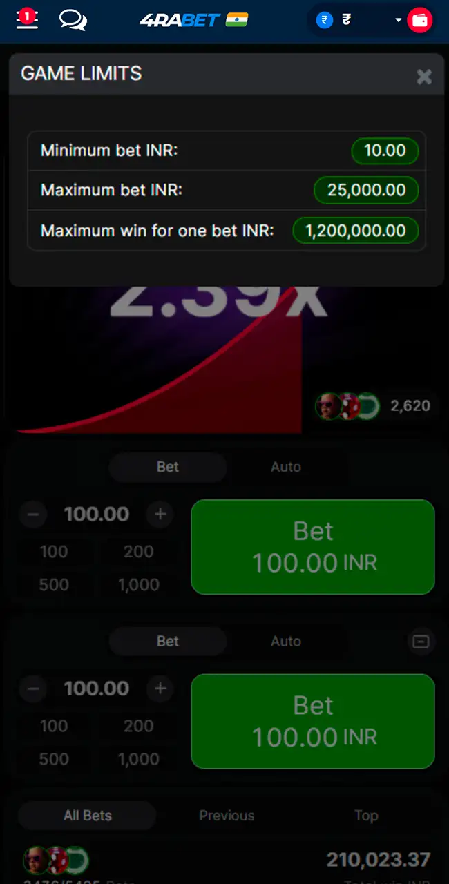 Check the maximum and minimum bets allowed on 4rabet Aviator.