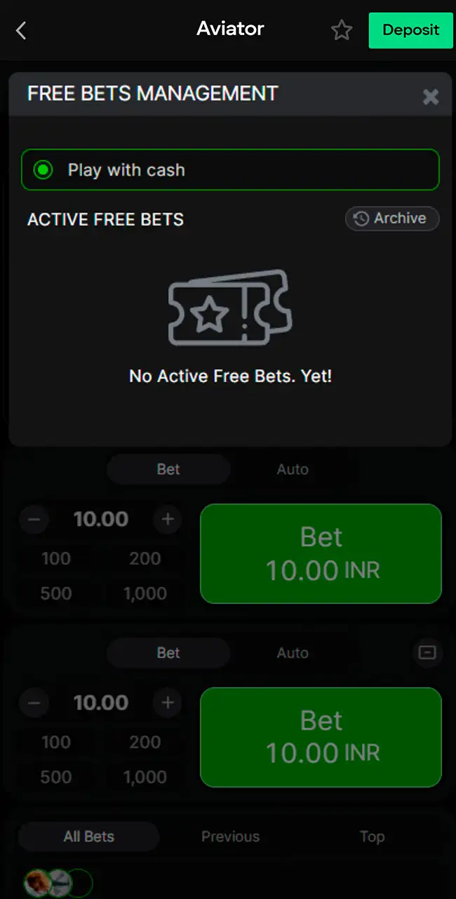Find Aviator free bets in app.