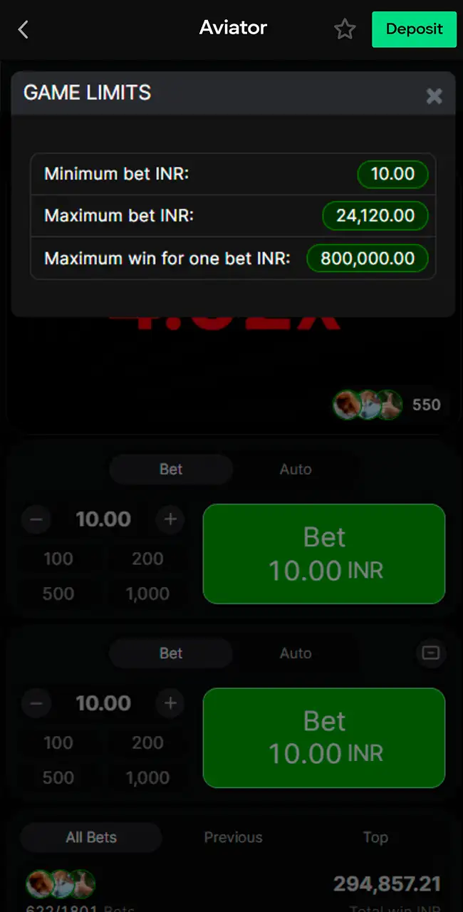 Check betting limits in Aviator app.