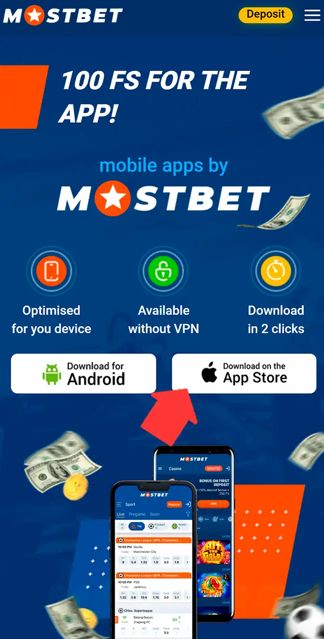 Locate the Mostbet app download icon on the main webpage.