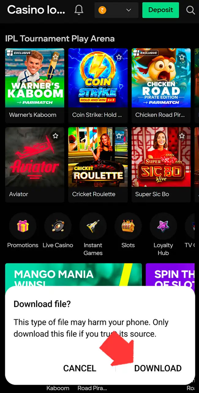 Download the secure Parimatch APK installer.