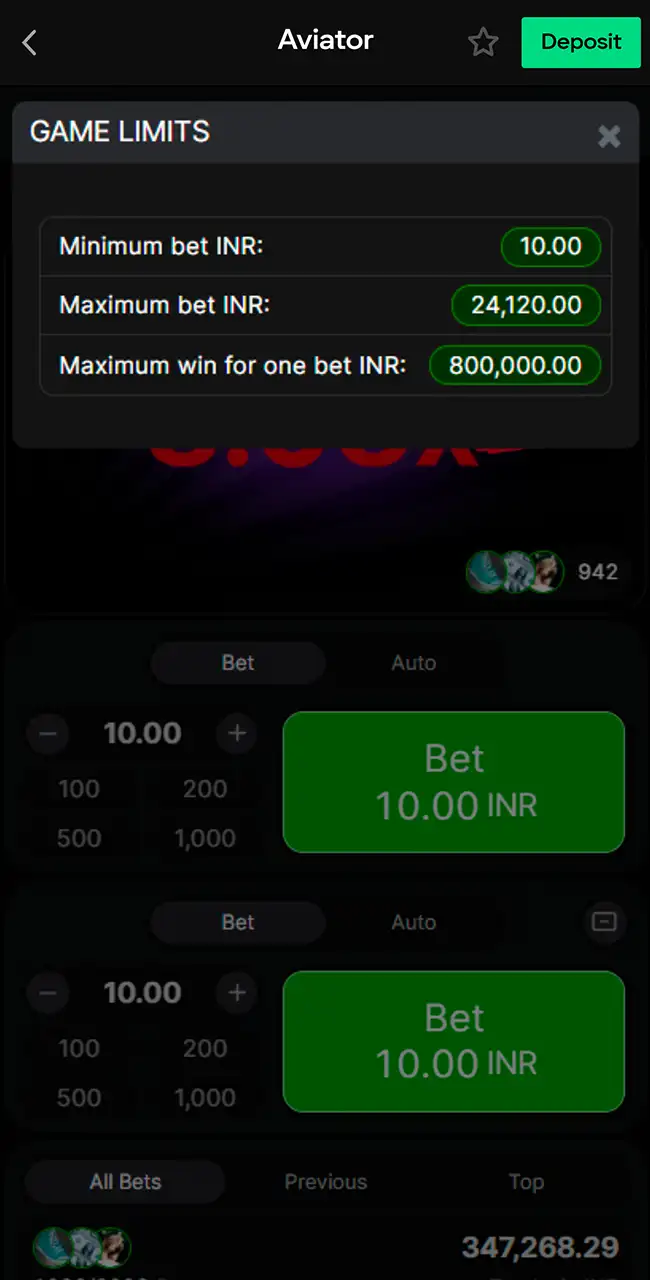 Check minimum bets for Parimatch Aviator.