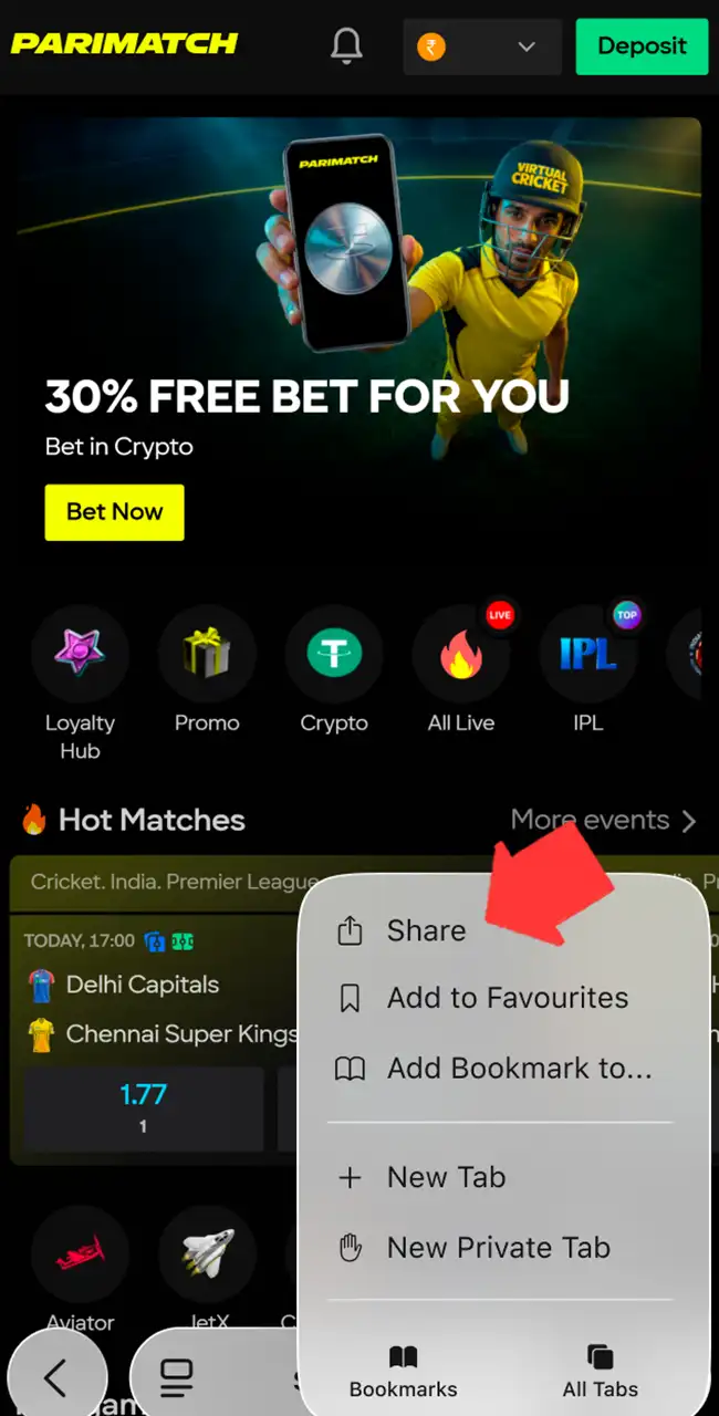 Use the iOS share menu button.