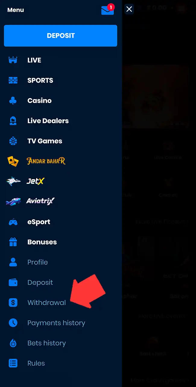 Navigate to the casino withdrawal section.
